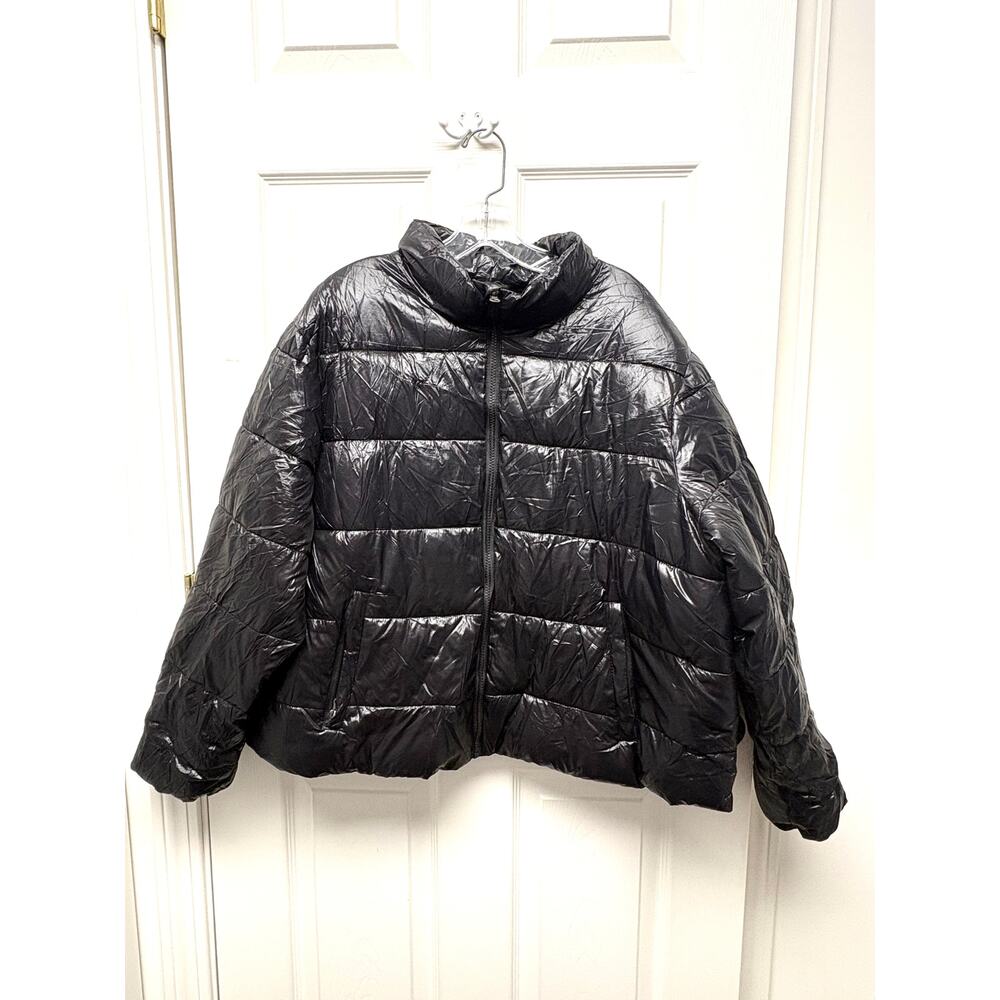 Puffer Jacket Black Shiny Quilted Jacket Time & Tru Short Coat Women’s Size 1X